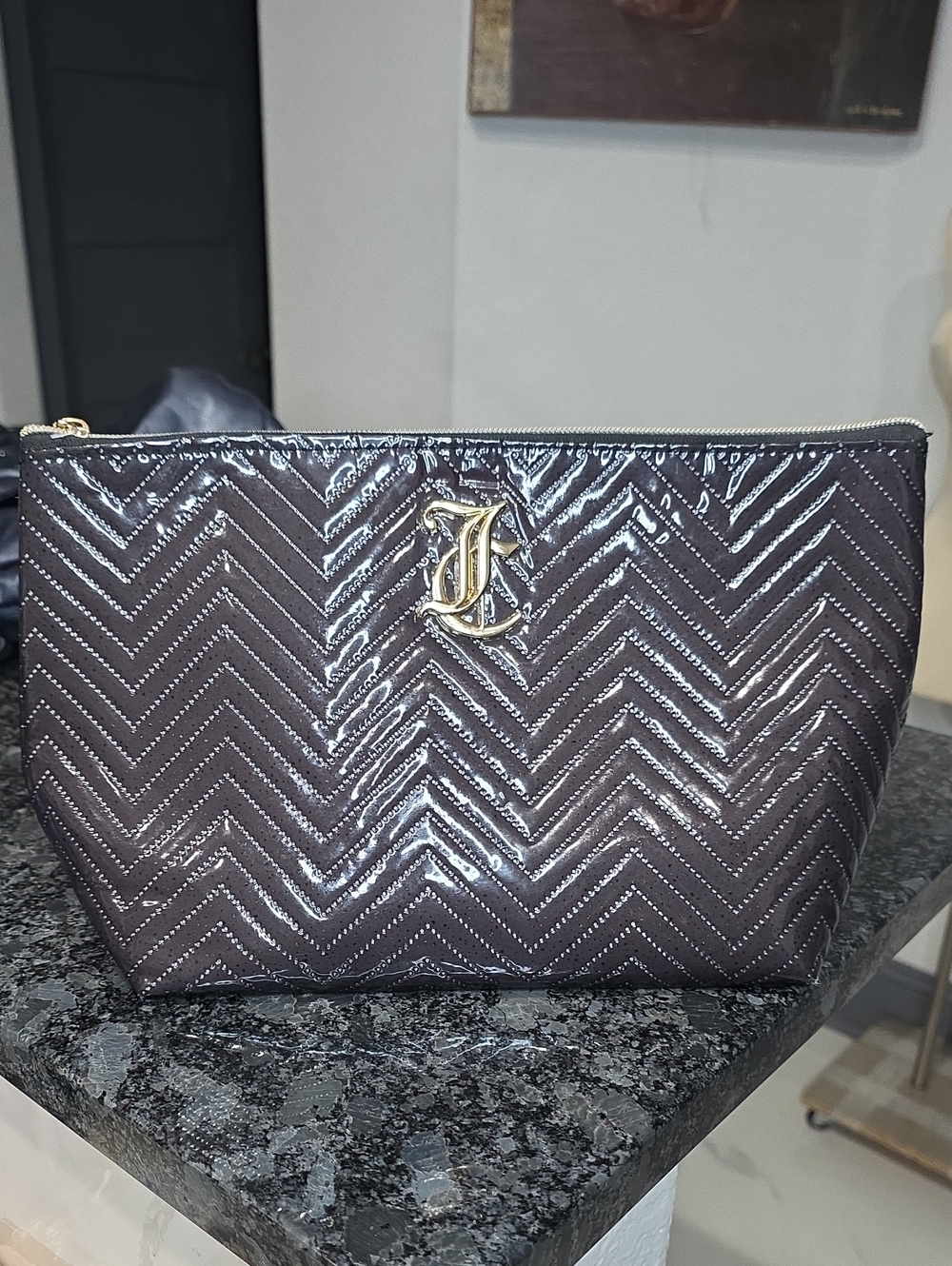Juicy Couture Quilted Chevron Cosmetic Pouch - Black with Gold JC Logo